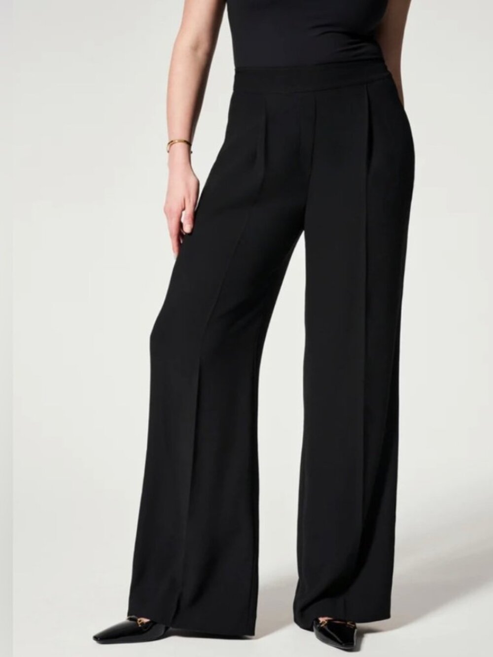 Spanx Black Crepe Pleated Trouser Pants Size Large Wide Leg Pull on 20542R